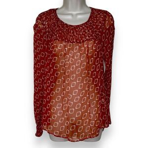 Lucky Brand Rust White Geometric Print Long Sleeve Smocked Neck Blouse Women Med